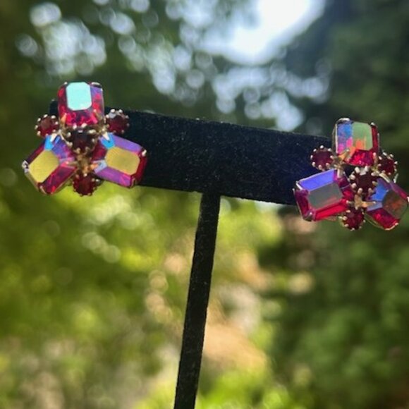 ALBERT WEISS Red AB Rhinestone Cluster EARRINGS - Picture 2 of 10